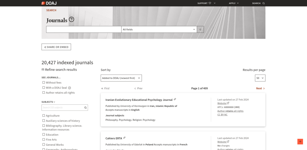 screenshot from DOAJ project