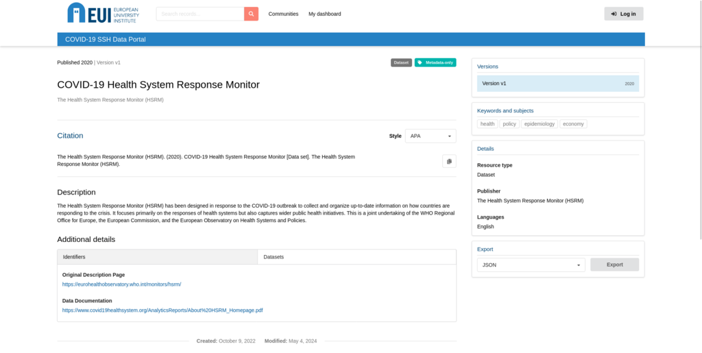 screenshot from EUI Covid Data project