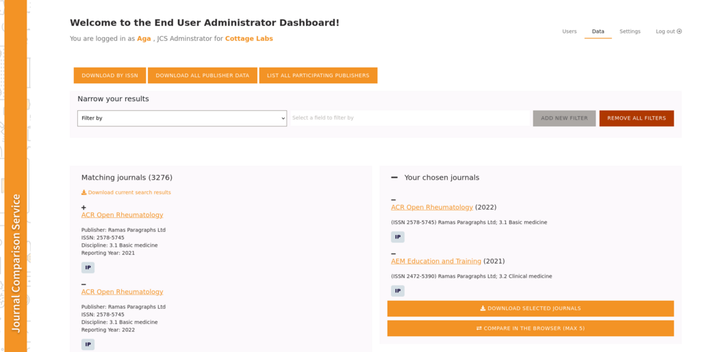screenshot from Journal Comparison Service project